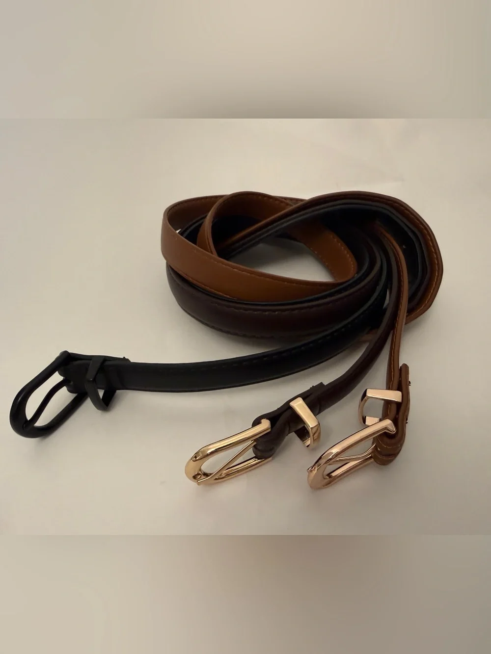 Three Classic Skinny Faux Leather Belts - Black, Brown, Tan